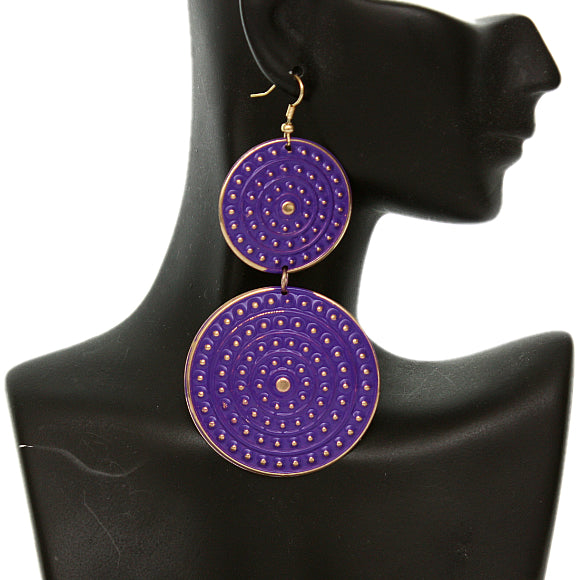 Purple Round Double Disk Dangle Earrings