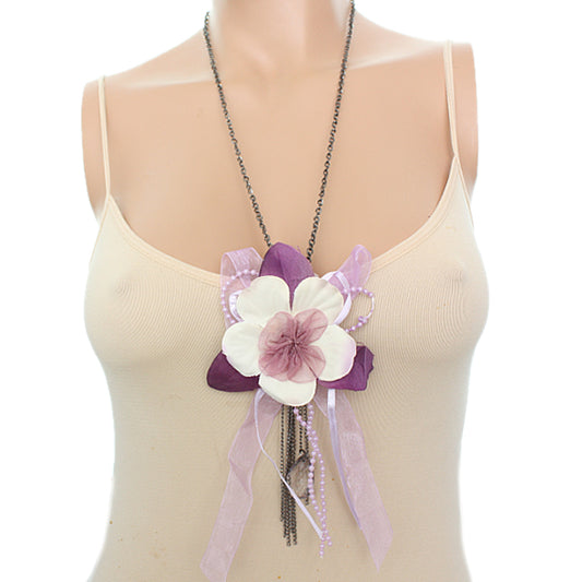 Purple Flower Fabric Chain Necklace Set
