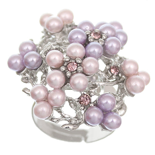 Purple Faux Pearl Adjustable Cluster Cocktail Ring