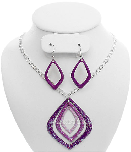 Purple Layered Glitter Teadrop Charm Necklace Set