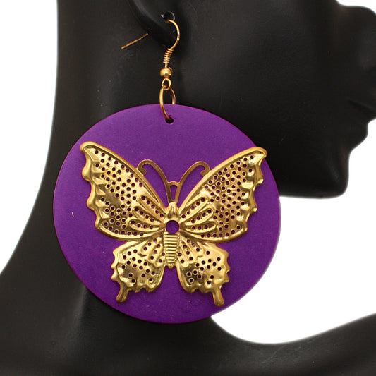 Purple Gold Wooden Butterfly Dangle Earrings