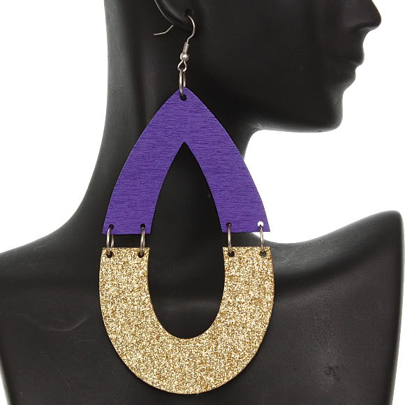 Purple Wooden Glitter Link Teardrop Earrings