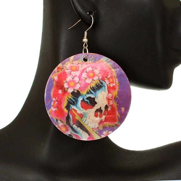 Purple Iridescent Skeleton Skull Flower Shell Earrings