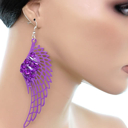 Purple Filigree Rhinestone Wing Earrings
