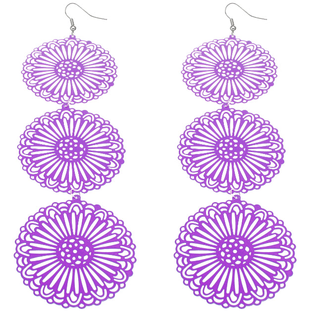 Purple Long Triple Sunburst Dangle Earrings