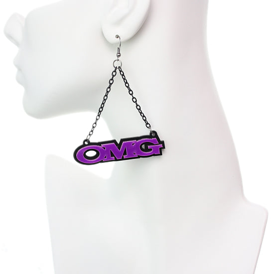 Purple OMG Triangle Drop Chain Earrings