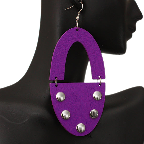 Purple Wooden Oval Studded Earrings