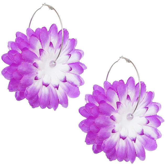 Purple Oversized Large Beaded Flower Hoop Earrings