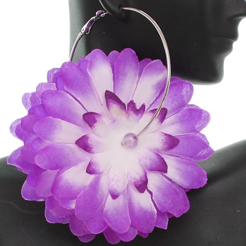 Purple Oversized Large Beaded Flower Hoop Earrings