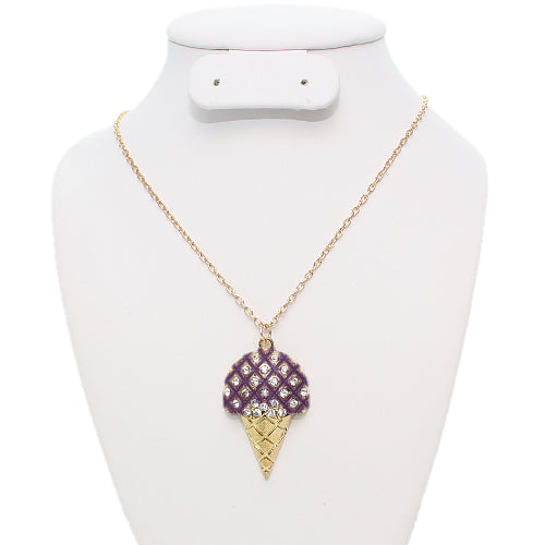 Purple Rhinestone Ice Cream Cone Charm Necklace