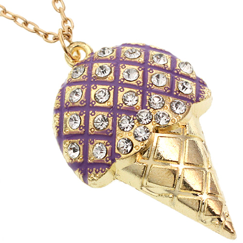 Purple Rhinestone Ice Cream Cone Charm Necklace