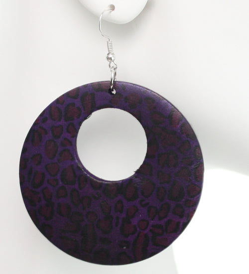 Purple Round Wooden Cheetah Earrings