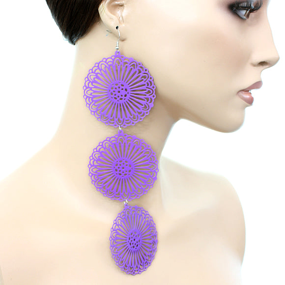 Purple Long Triple Sunburst Dangle Earrings