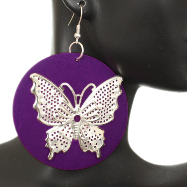 Purple Silver Wooden Butterfly Dangle Earrings