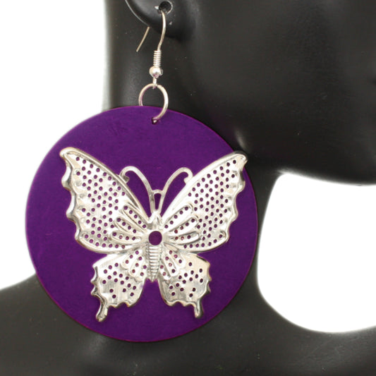 Purple Silver Wooden Butterfly Dangle Earrings