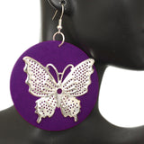 Purple Silver Wooden Butterfly Dangle Earrings