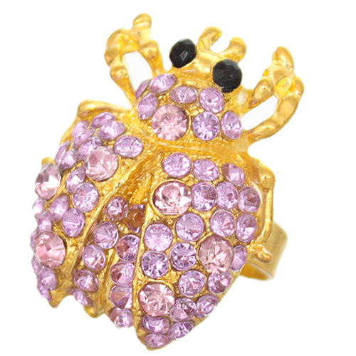 Purple Gold Studded Rhinestone Ladybug Adjustable Ring