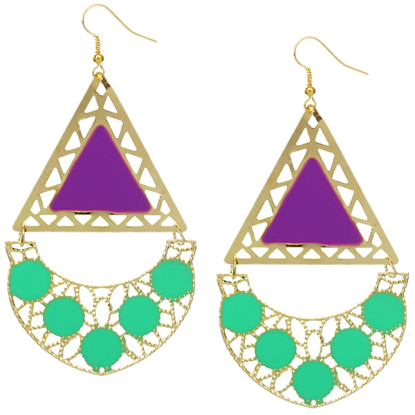 Purple Green Triangular Dangle Earrings