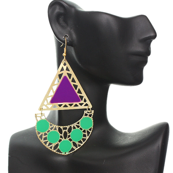 Purple Green Triangular Dangle Earrings