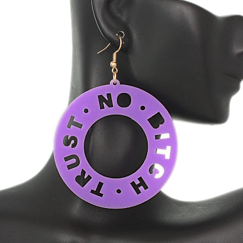Purple Trust No Bitch Round Cutout Letter Earrings