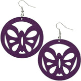 Purple Round Large Wooden Butterfly Earrings