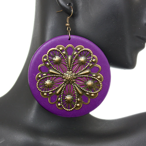 Purple Wooden Round Antique Filigree Earrings