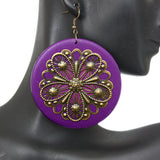 Purple Wooden Round Antique Filigree Earrings