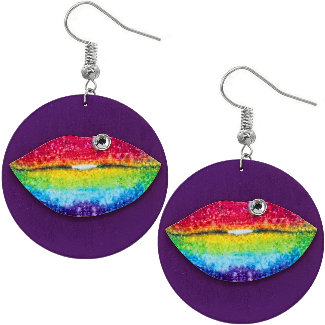 Purple Multicolor Big Lip Wooden Earrings