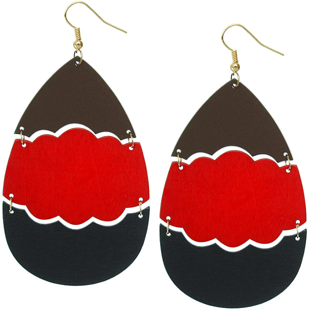 Red Wooden Link Colorblock Teardrop Earrings