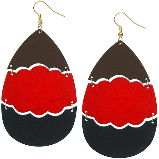 Red Wooden Link Colorblock Teardrop Earrings