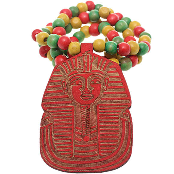 Red Wooden Beaded King Tut Mask Necklace