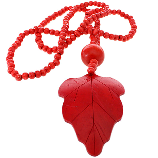 Red Wooden Beaded Leaf Charm Necklace