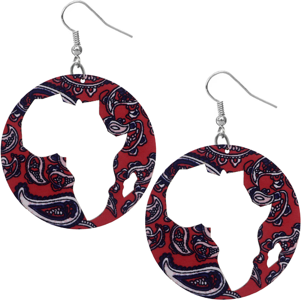 Red Wooden Cutout Africa Shape Paisley Earrings