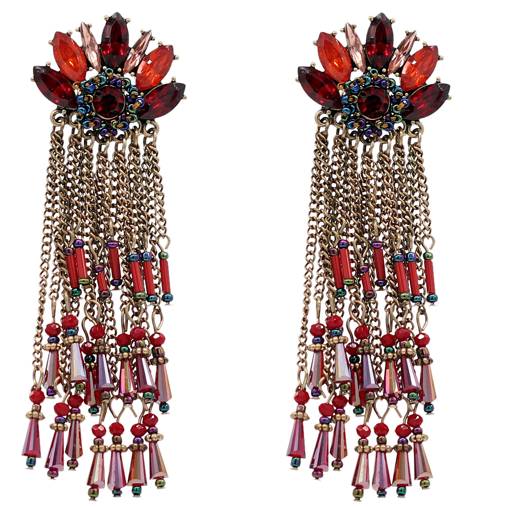 Red Beaded Drop Chain Elegant Earrings