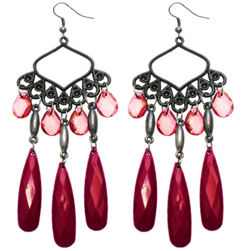 Red Beaded Dangle Chandelier Earrings