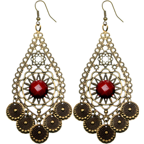 Red Beaded Disc Dangle Earrings