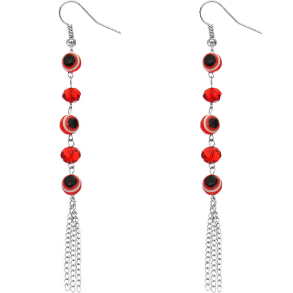 Red Beaded Evil Eye Chain Earrings