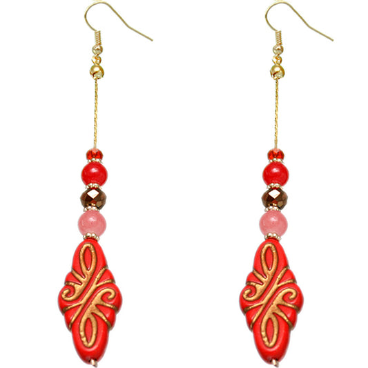 Red Ethnic Carved Pattern Bead Drop Earrings
