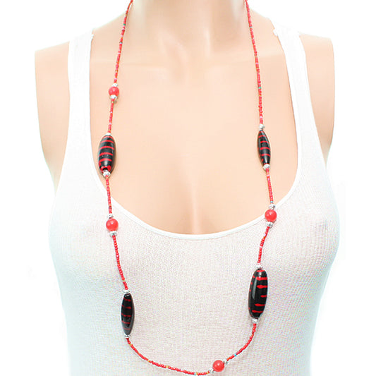 Red Wooden Sequin Striped Necklace Set
