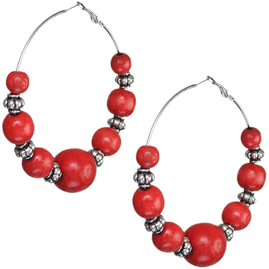 Red Oversized Wooden Beaded Spacer Hoop Earrings