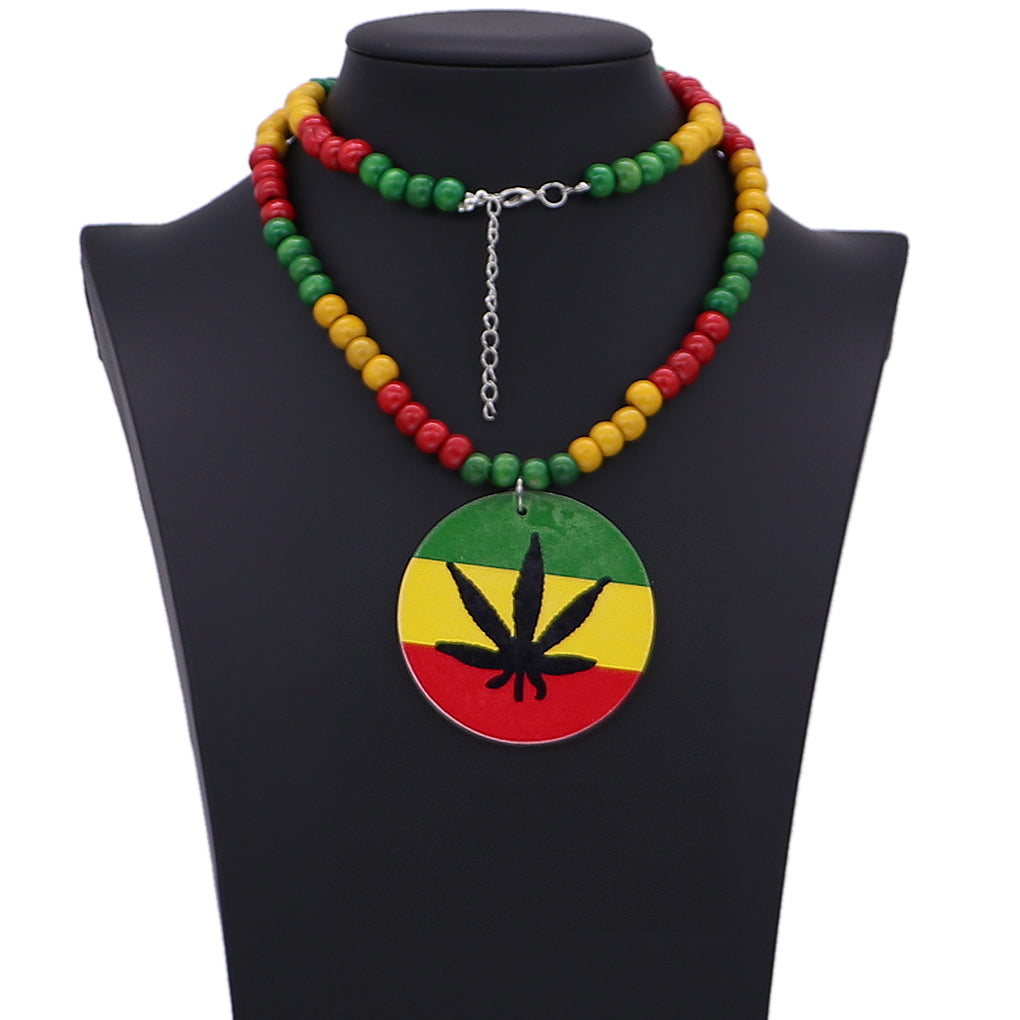 Rasta Marijuana Leaf Wooden Bead Necklace