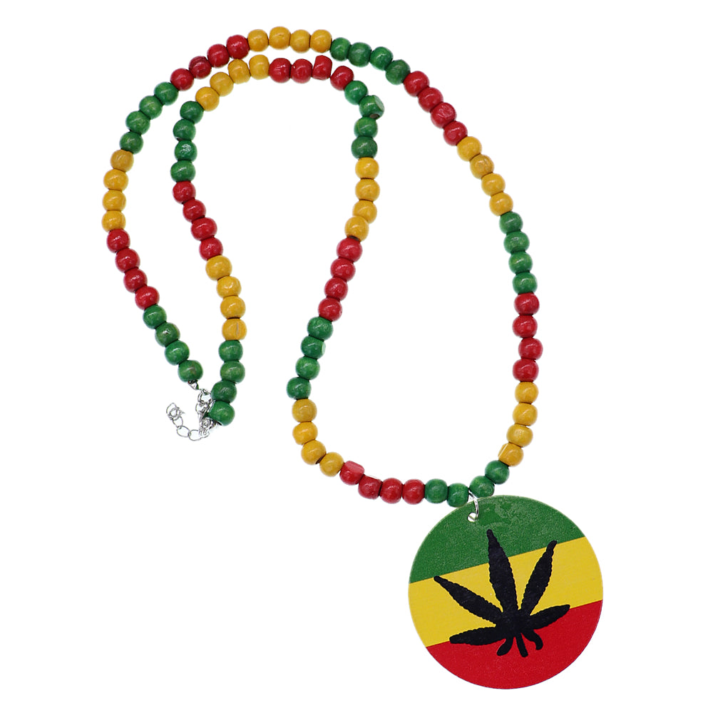 Rasta Marijuana Leaf Wooden Bead Necklace