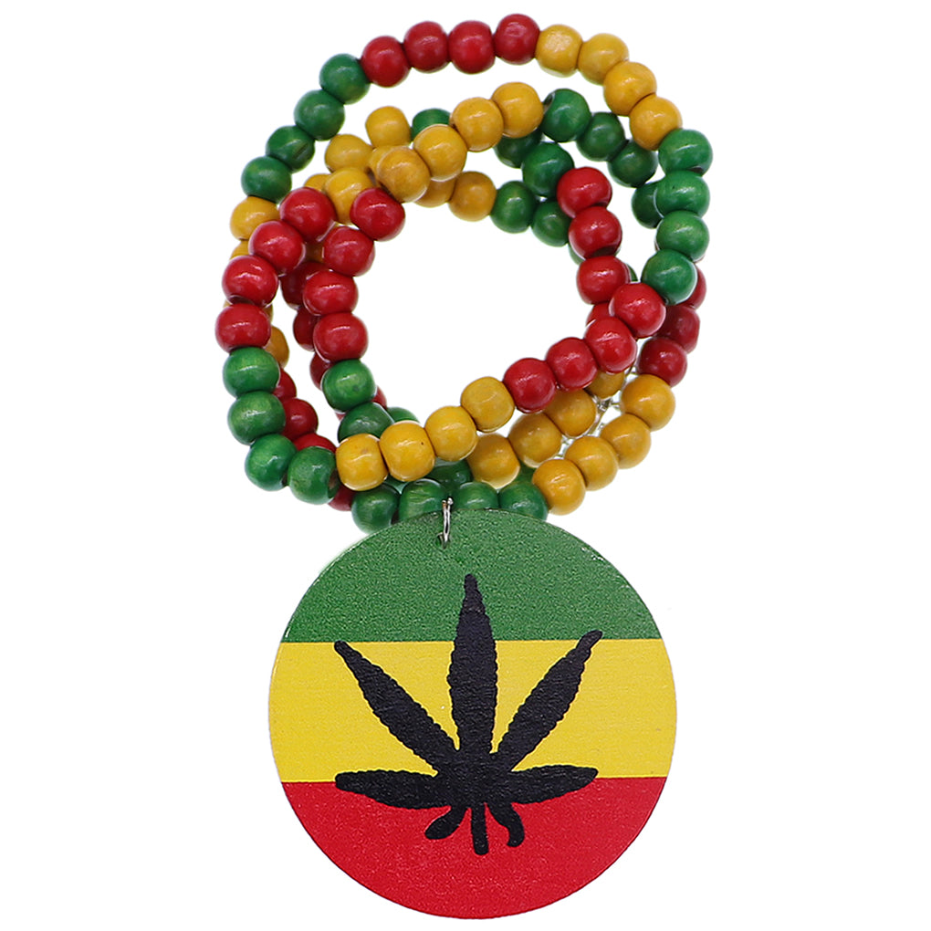 Rasta Marijuana Leaf Wooden Bead Necklace