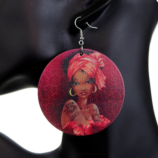 Red Woman Hair Wrap Wooden Earrings