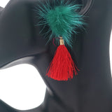 Green Red Fluffy Pom Pom Tassel Earrings