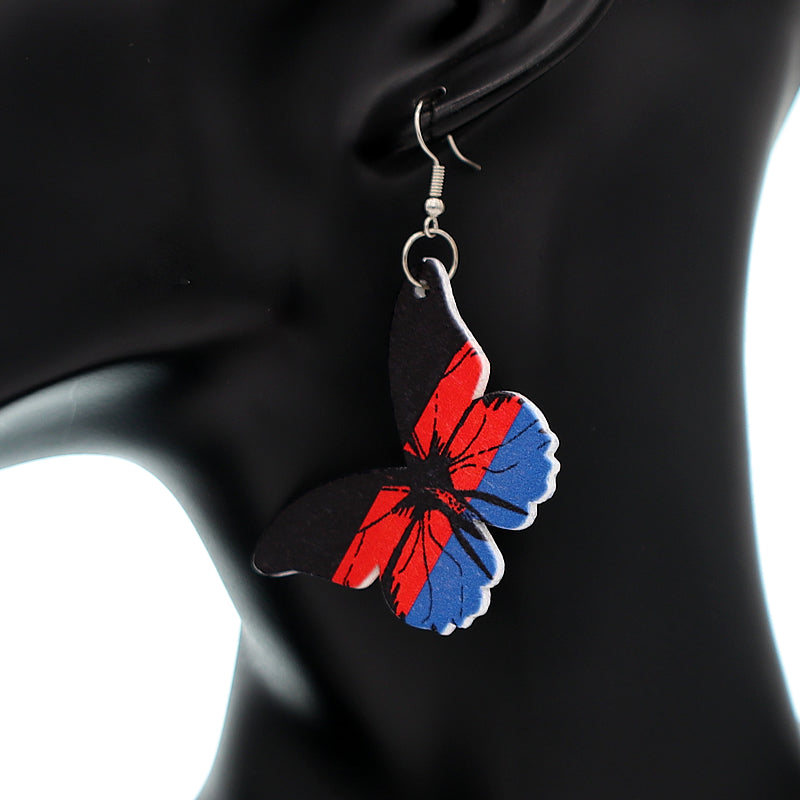 Red Blue Butterfly Wooden Mini Earrings