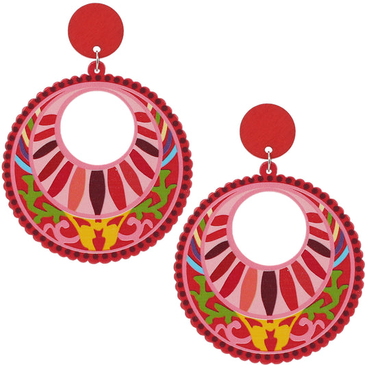 Red Boho Wooden Dangle Earrings