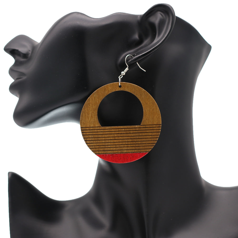 Brown Wooden Red Painted Circular Earrings