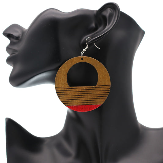 Brown Wooden Red Painted Circular Earrings