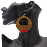 Brown Wooden Red Painted Circular Earrings